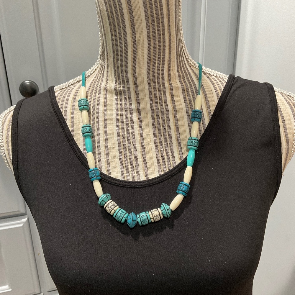 Vintage Blue and White Tribal Necklace on Rawhide